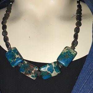 Vintage Silver Necklace Unknown Stone Brown Turquoise Tone Chunky Statement